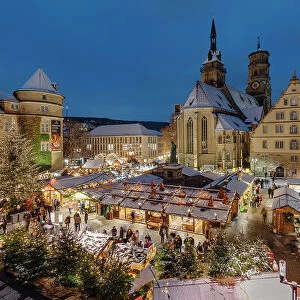 Christmas market on Schillerplatz square in front of Stiftskirche church, Stuttgart, Baden-Wurttemberg, Germany, Europe