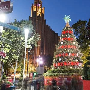 Christmas tree and decorations with Manchester Unity Building at City Square, Melbourne