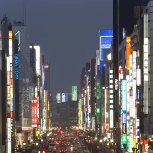 Chuo-dori, elevated view at dusk along Tokyos most