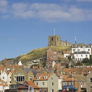Church and lifeboat in the harbour, Whitby, North Yorkshire, Yorkshire