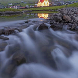 Church of Sandavagur at dusk, Vagar island, Faroe Islands, Denmark