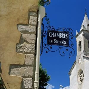 Church tower and sign, Villes-sur-Auzon, Vaucluse, Cote d Azur, Provence
