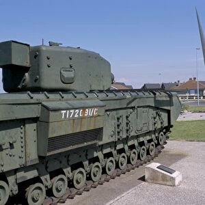 Churchill tank and monument 41 degrees RMC from D-Day in the Second World War