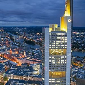City centre from above at dusk, Frankfurt, Hessen, Germany, Europe