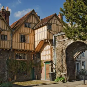 A city gate with timbered infilled gabled building, Winchester, Hampshire