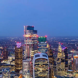 City of London skyscrapers at dusk, including Walkie Talkie building, from above, London