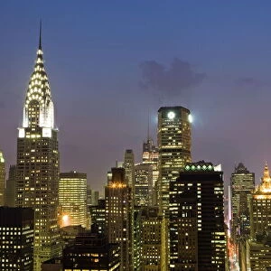 City skyline including the Chrysler Building at dusk, Manhattan, New York