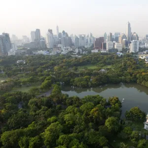 City skyline with Lumphini Park, the Green Lung of Bangkok, in the foreground, from the roof of Hotel Sofitel So, Sathorn Road, Bangkok, Thailand, Southeast Asia, Asia