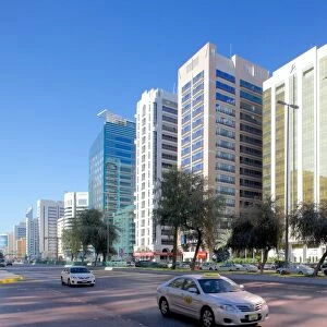 City skyline and Rashid Bin Saeed Al Maktoum Street, Abu Dhabi, United Arab Emirates, Middle East