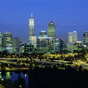 City skyline and Swan River from Kings Park in the evening, Perth, Western Australia