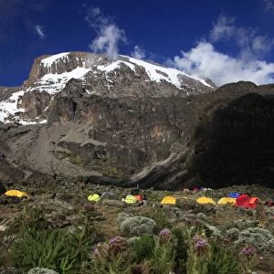 Climbers camping at the Barranco campsite underneath the snowy Uhuru Peak of Mount Kilimanjaro