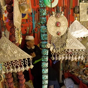 Close up of traditional metal jewellery in handicraft shop