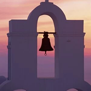 Close-up of bell tower on Greek Orthodox church on Santorini