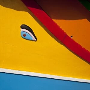 Close-up of Eye of Osiris on fishing boat, Marsaxlokk, Malta, Mediterranean, Europe