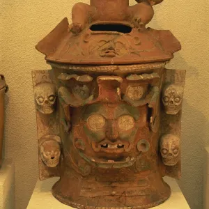 Close-up of a Mayan funerary urn in the Popol Vuh Museum