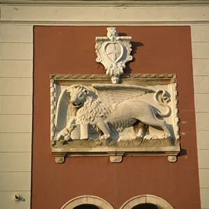 Close-up of Venetian winged lion, clock tower, Rovinj, Croatia, Europe