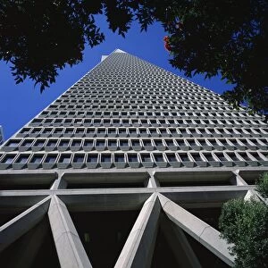 Close-up view looking straight up at the Transamerica Pyramid