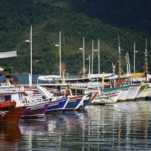 Colorful fishing boats in the harbour, Parati, Rio de Janeiro State, Brazil, South America