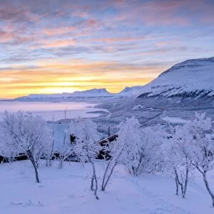 Colorful sky at sunrise, Bjorkliden, Abisko, Kiruna Municipality, Norrbotten County