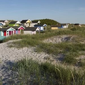 Colourful beach huts in sand dunes, Skanor Falsterbo, Falsterbo Peninsula, Skane