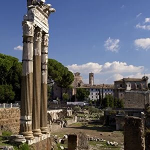 Three columns, Temple of Castor and Pollux, Roman Forum, UNESCO World Heritage Site, Rome, Lazio, Italy, Europe