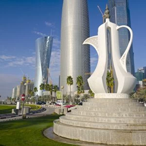 Corniche, Coffee Pot sculpture with Al Bidda Tower, Burj Qatar and Palm Tower behind