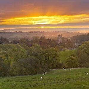Cotswold countryside and St. James Church at dawn, Chipping Campden, Cotswolds, Gloucestershire