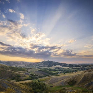 Countryside landscape at sunset with a sky full of clouds, Emilia Romagna, Italy, Europe
