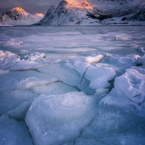 Cracked ice of Flakstadoya lake, Lofoten Islands, Nordland, Norway, Europe