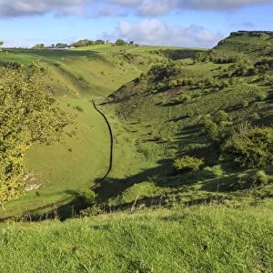Cressbrook Dale National Nature Reserve in spring, elevated view, Peak District National Park