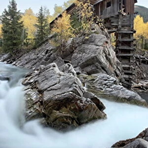 Crystal Mill with aspens in fall colors, Crystal, Colorado, United States of America
