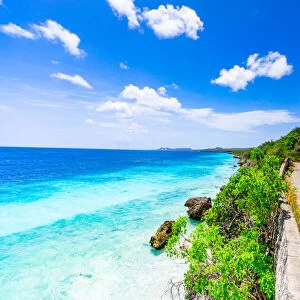 Crystal clear blue ocean side driving along the road on Bonaire, Netherlands Antilles