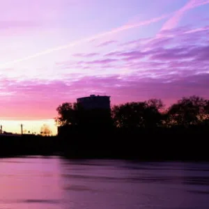 Dawn over Battersea Power Station and Chelsea Bridge, London, England, United Kingdom