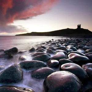 Dawn over Embleton Bay with basalt boulders in the foreground and the ruins of Dunstanburgh Castle in the background, near Alnwick, Northumberland, England, United