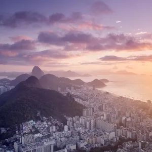 Dawn view of the Sugar Loaf, Sao Joao favela, Guanabara bay, the Atlantic and the mountains of Rio