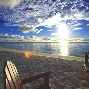 Two deckchairs on the beach at sunset, Maldives, Indian Ocean, Asia