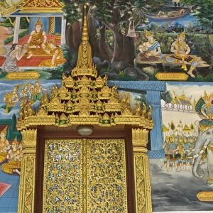 Decorative door and wall paintings, Wat Impeng, Vientiane, Laos, Indochina, Southeast Asia, Asia