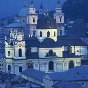 Domes and spires of churches in the evening in the town of Salzburg, Austria, Europe