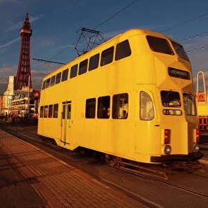 Double decker tram and Blackpool tower, Blackpool Lancashire, England, United Kingdom