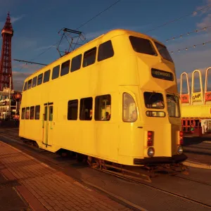 Double decker tram and Blackpool tower, Blackpool Lancashire, England, United Kingdom