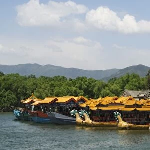 Dragon boats on Kunming Lake at Yihe Yuan (The Summer Palace), UNESCO World Heritage Site