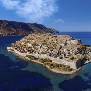Drone view of Spinalonga, former leper colony fortress, Crete, Greek Islands, Greece, Europe