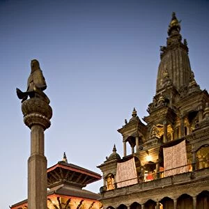 Durbar Square at dawn with Garuda statue on column