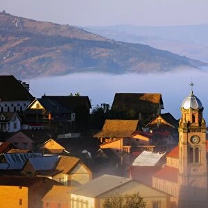 Early morning mist on the Haute Ville old town, Ambozontany Cathedral, Fianarantsoa