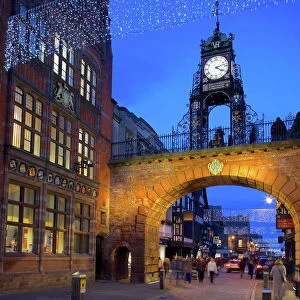 East Gate Clock at Christmas, Chester, Cheshire, England, United Kingdom, Europe
