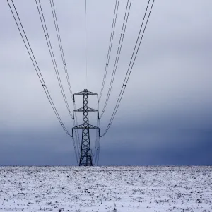 Electricity pylon in winter, near Winchcombe, Gloucestershire, England, United Kingdom, Europe