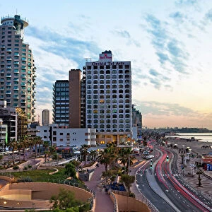 Elevated dusk view of the city beachfront, Tel Aviv, Israel, Middle East