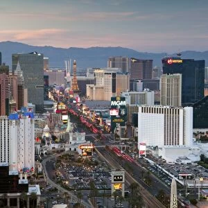 Elevated dusk view of the hotels and casinos along The Strip, Las Vegas, Nevada, United States of America, North America