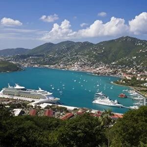 Elevated view over Charlotte Amalie and the cruise ship dock of Havensight, St
