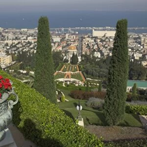 Elevated view of city including Bahai shrine and gardens
